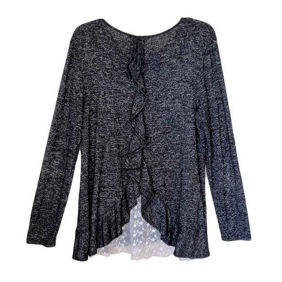 DownEast | Marled Black Boho Ruffled Lace Long Sleeve Knit Top, Large - Picture 2 of 7